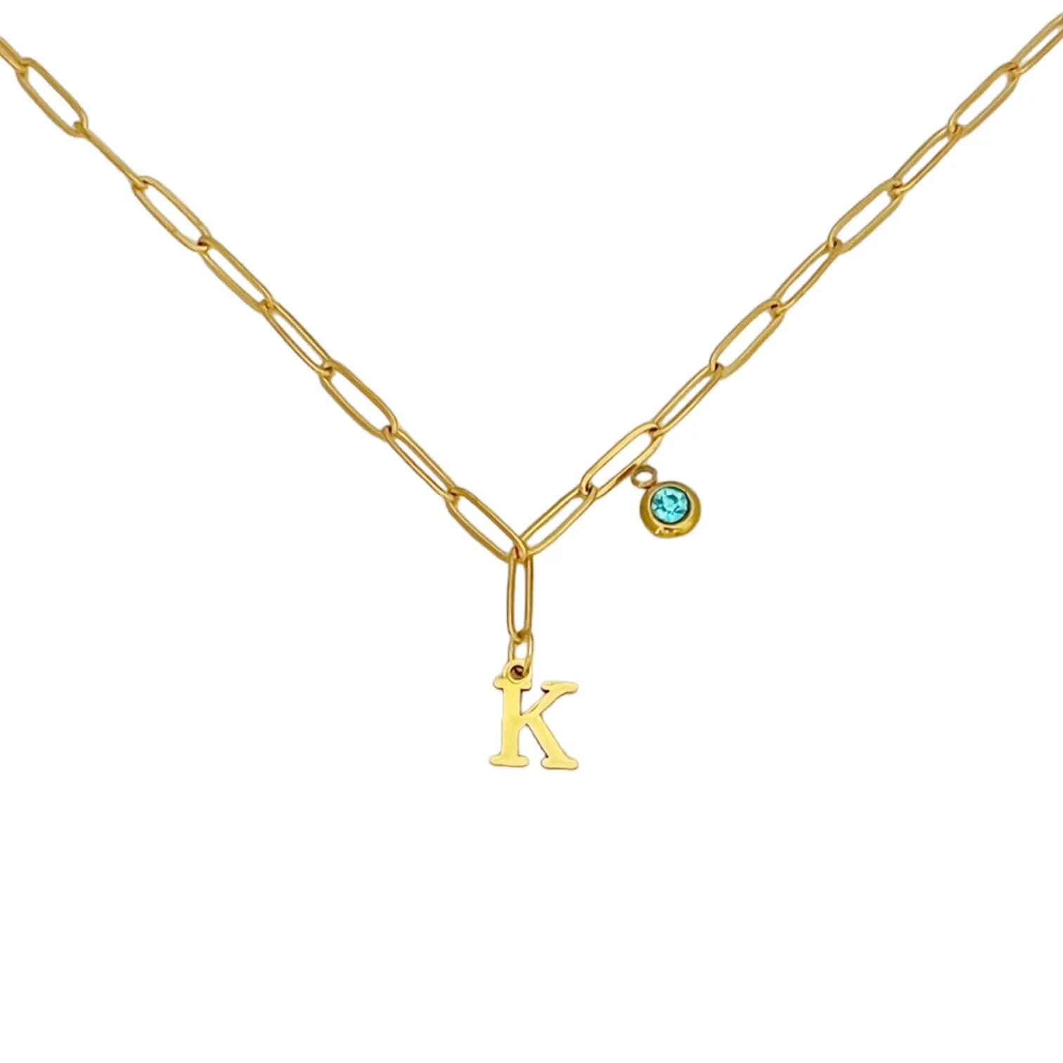 Alphabet Birthstone Paperclip Necklace Gold (H-N)