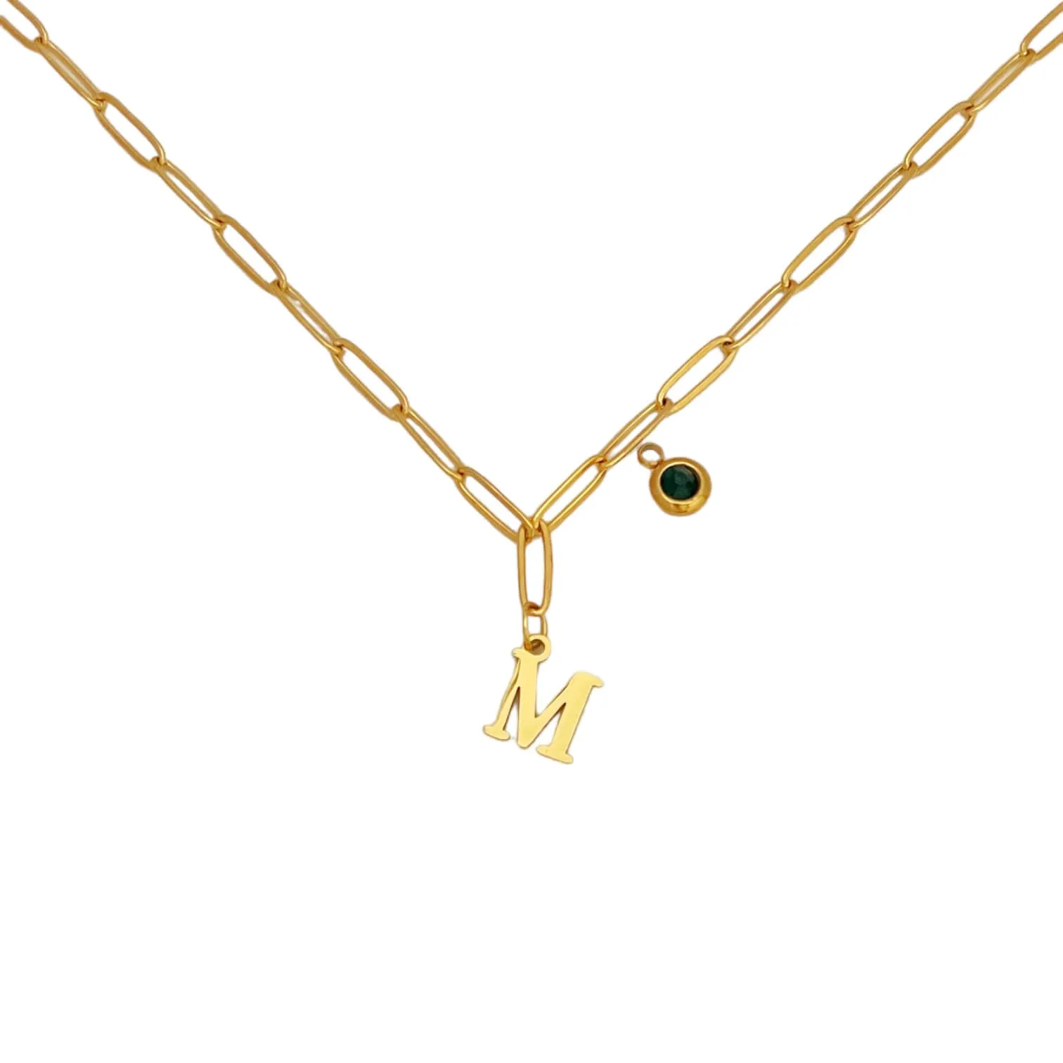 Alphabet Birthstone Paperclip Necklace Gold (H-N)