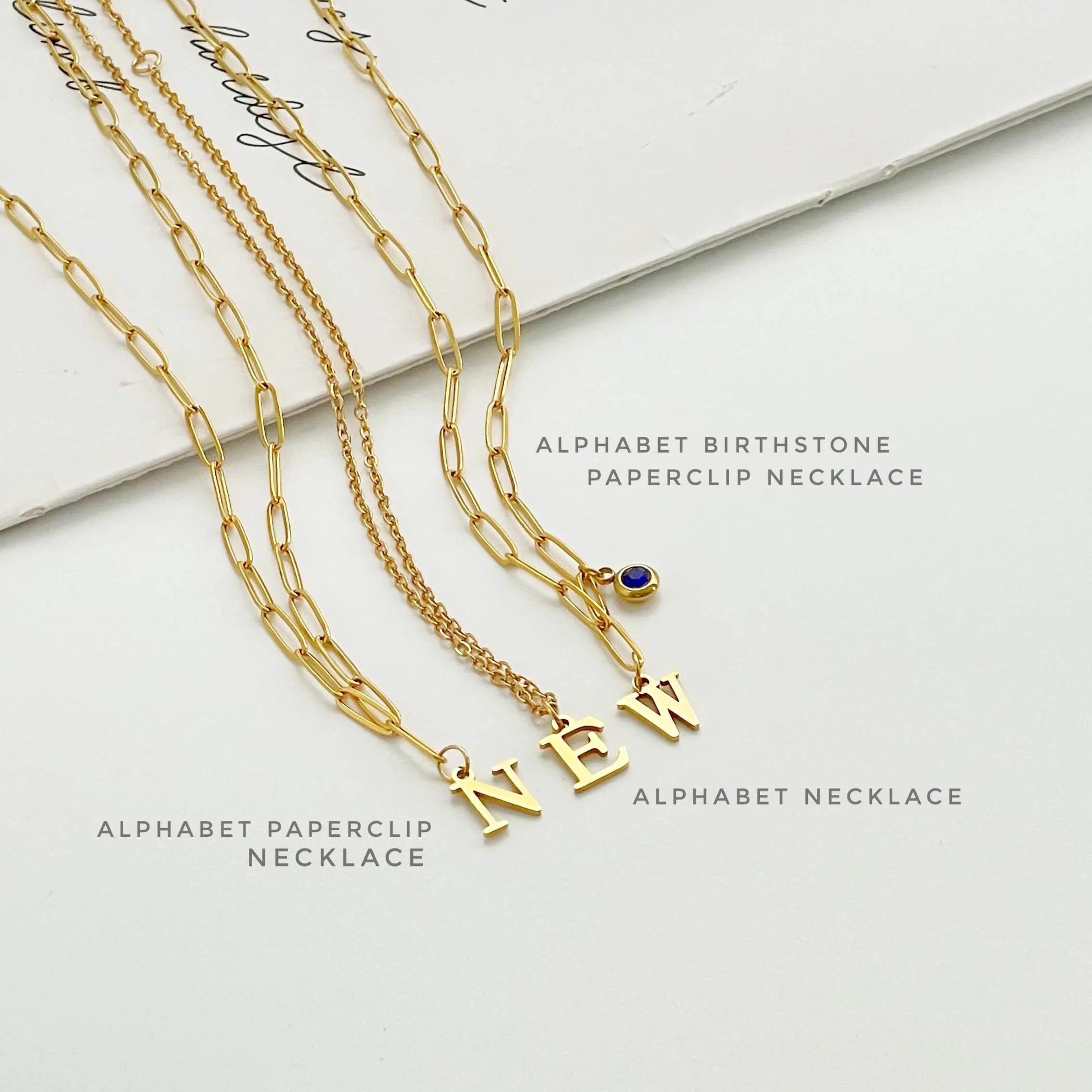 Alphabet Birthstone Paperclip Necklace Gold (H-N)