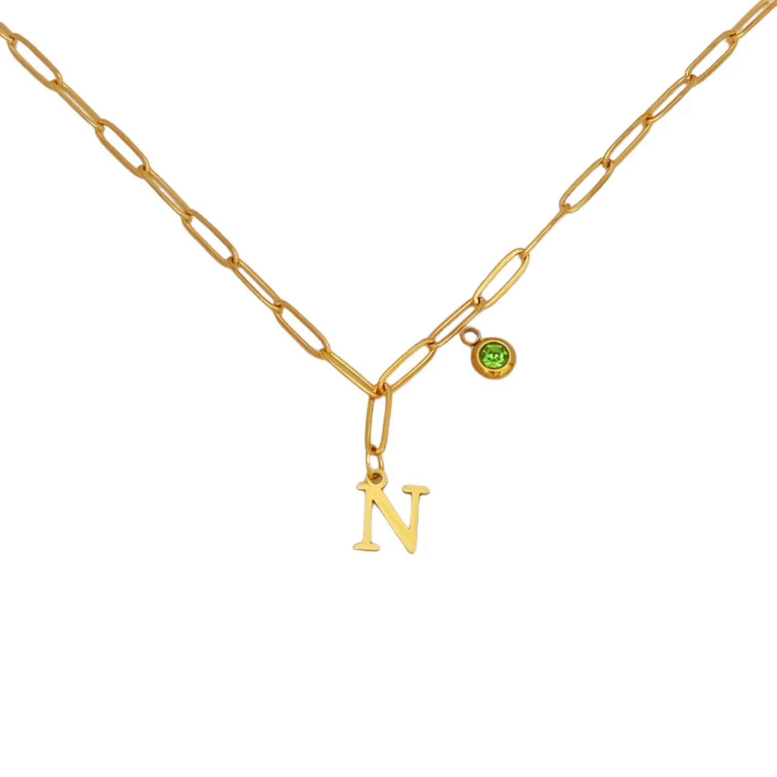 Alphabet Birthstone Paperclip Necklace Gold (H-N)