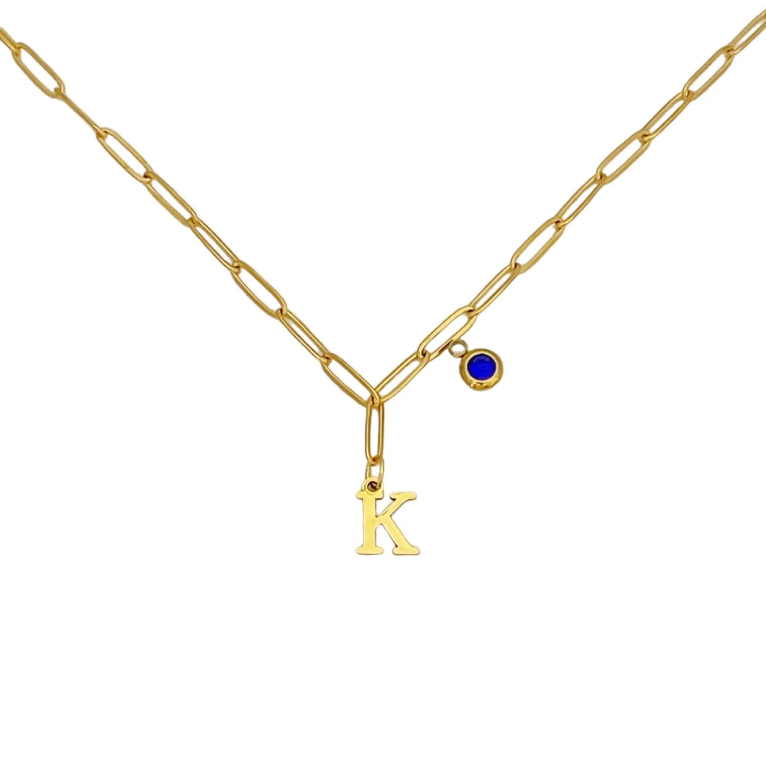 Alphabet Birthstone Paperclip Necklace Gold (H-N)