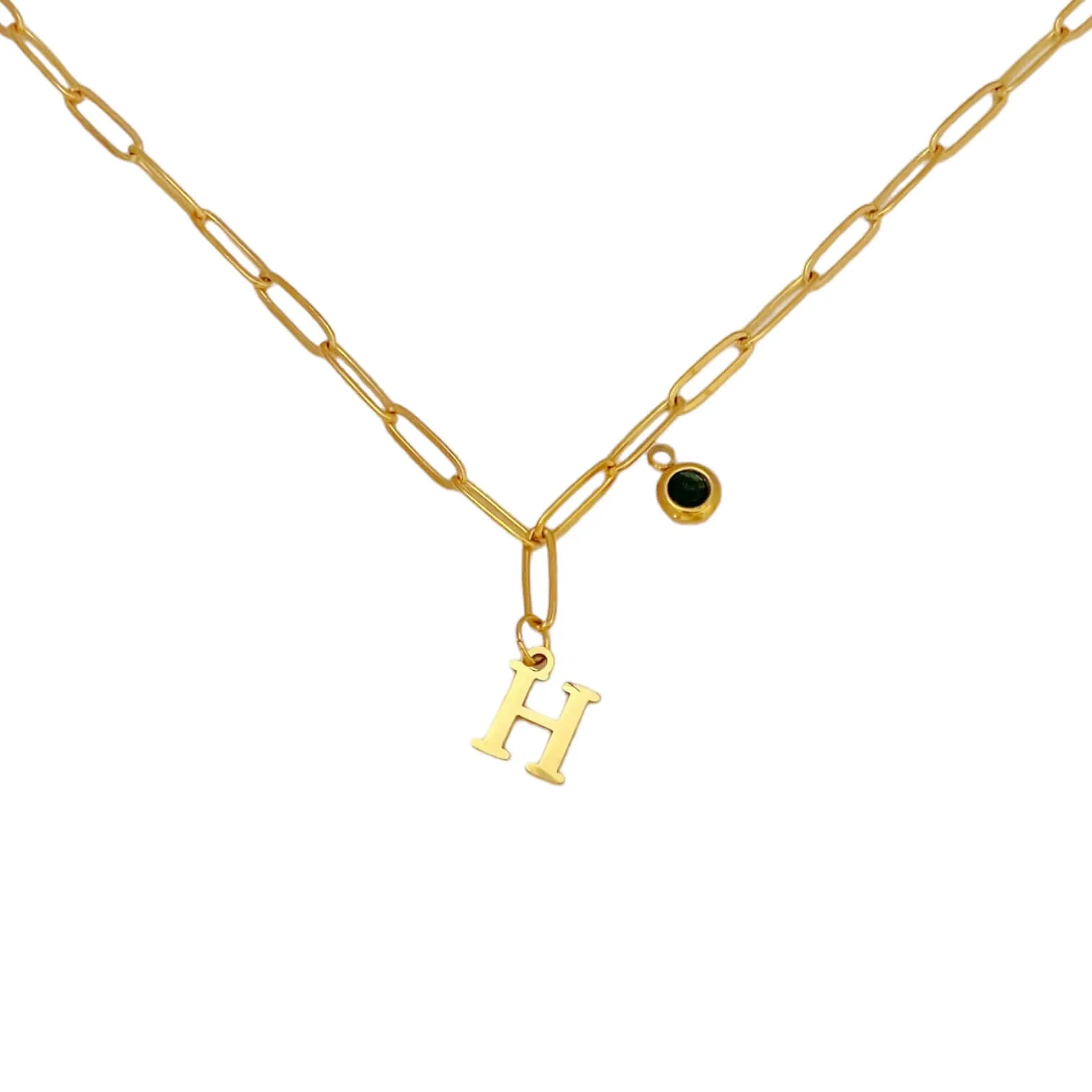 Alphabet Birthstone Paperclip Necklace Gold (H-N)