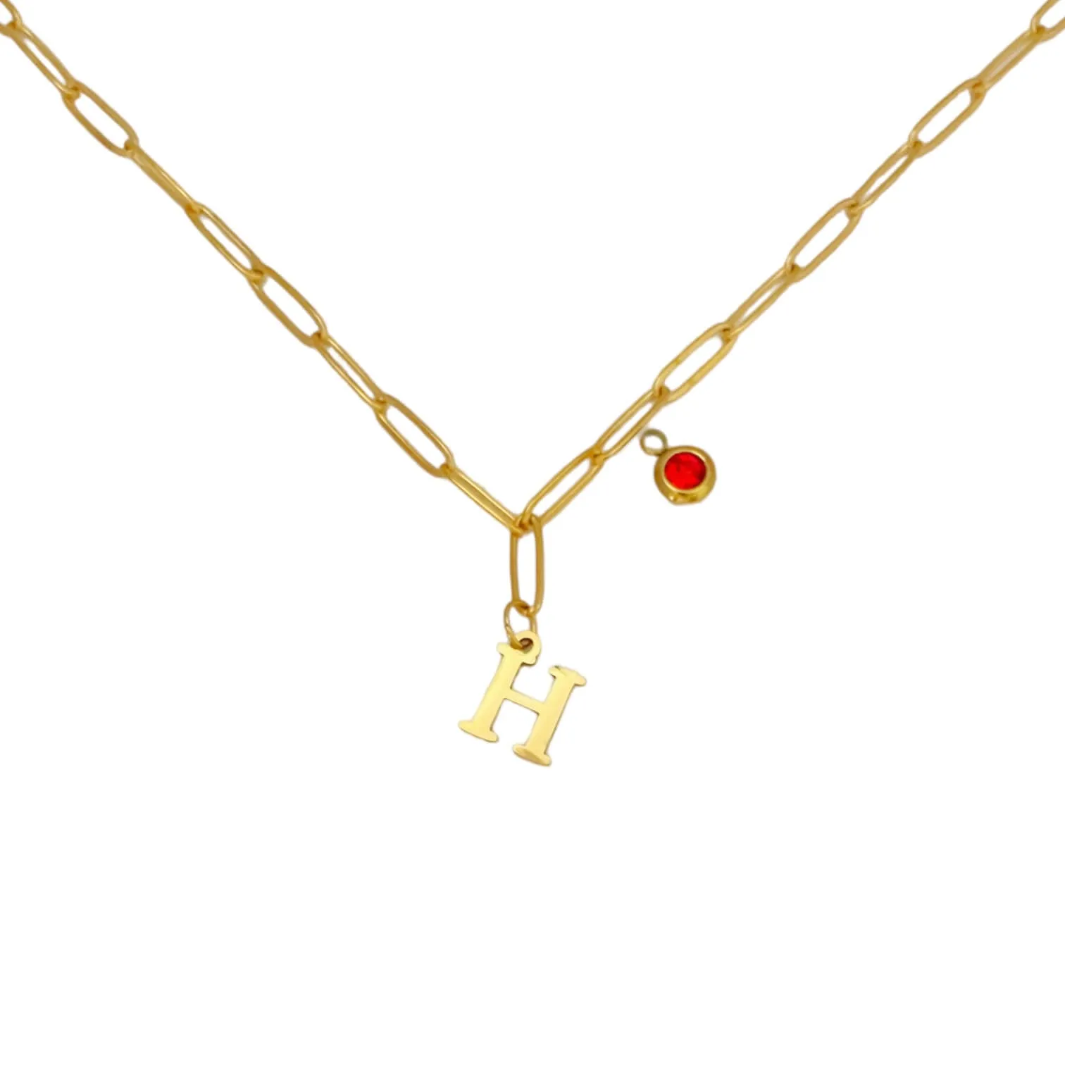 Alphabet Birthstone Paperclip Necklace Gold (H-N)