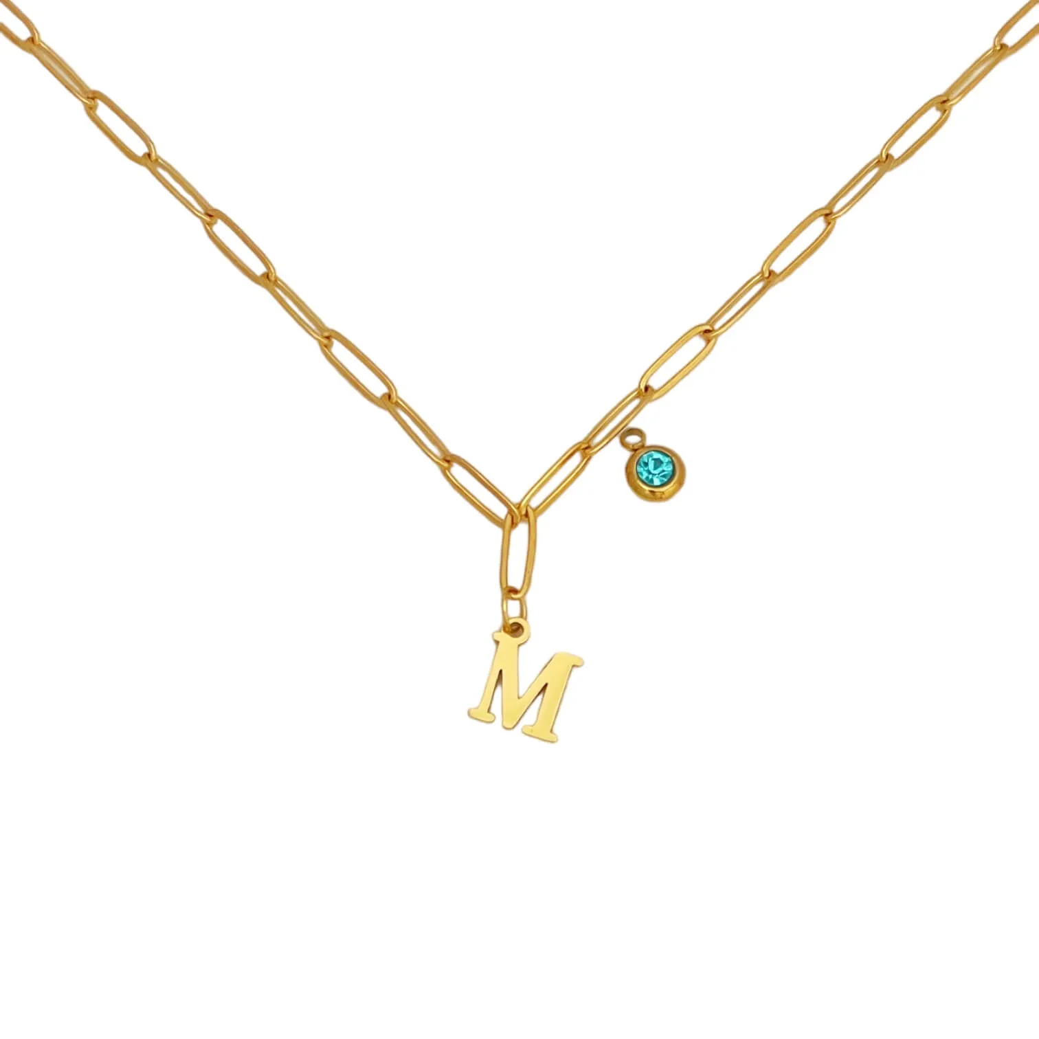 Alphabet Birthstone Paperclip Necklace Gold (H-N)