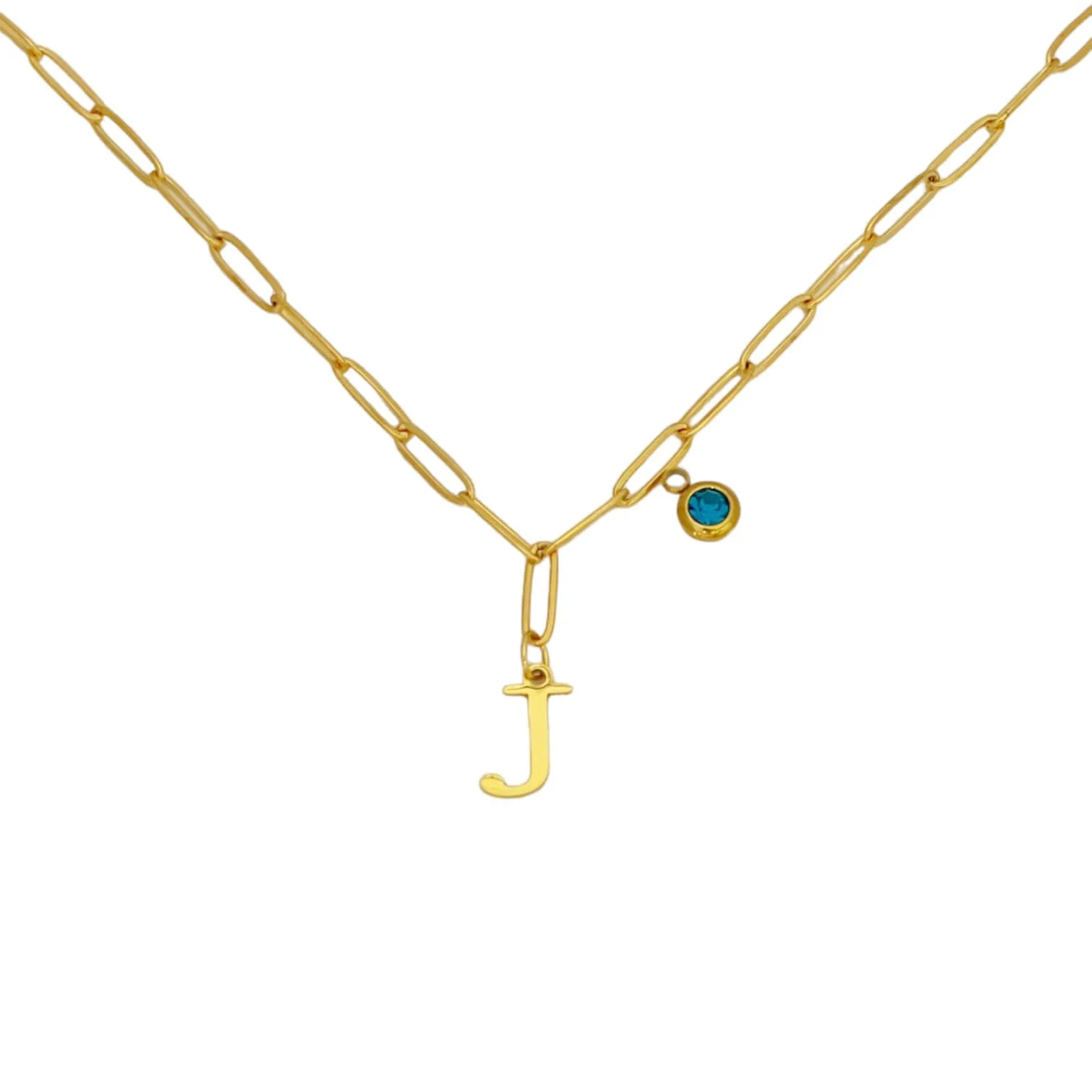 Alphabet Birthstone Paperclip Necklace Gold (H-N)