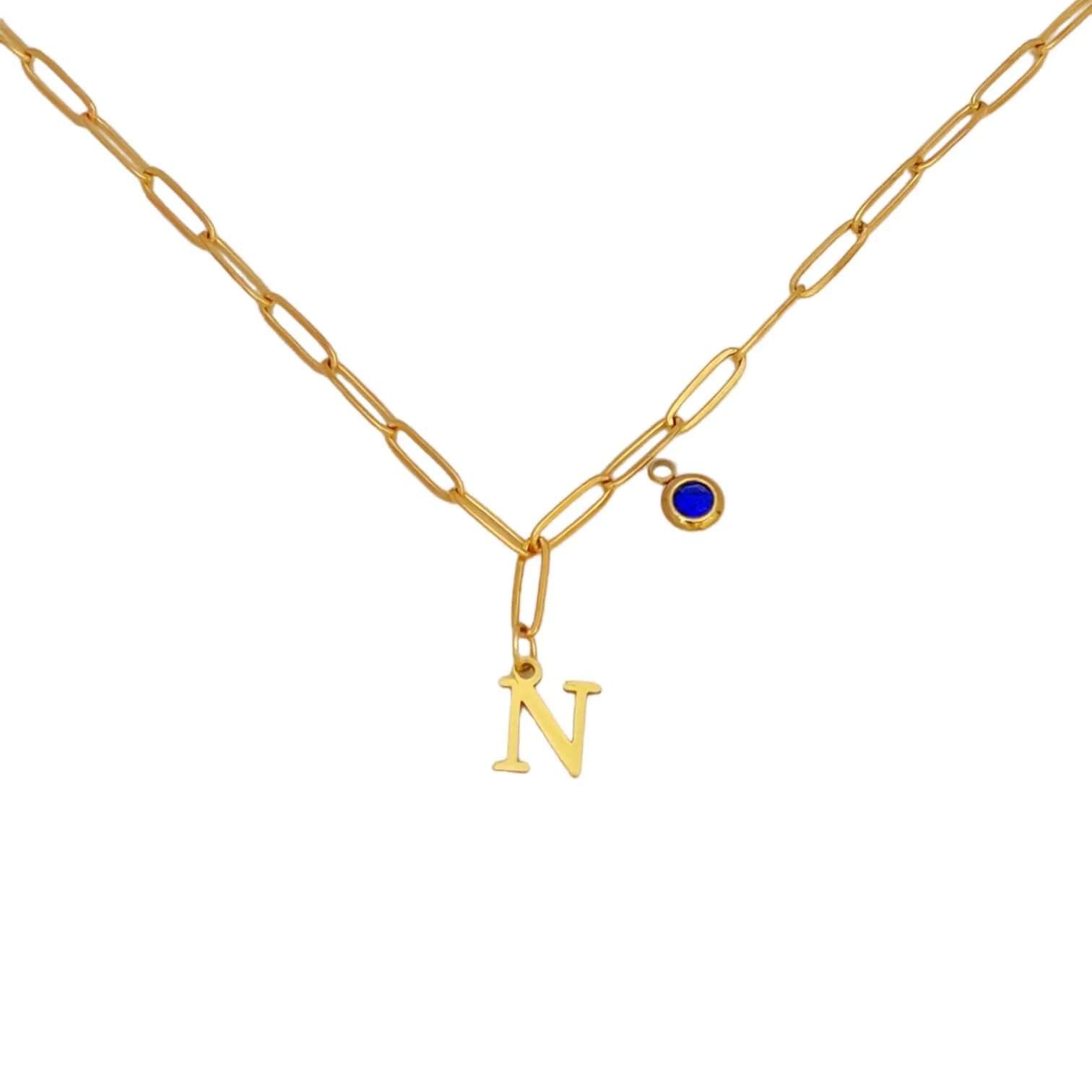 Alphabet Birthstone Paperclip Necklace Gold (H-N)