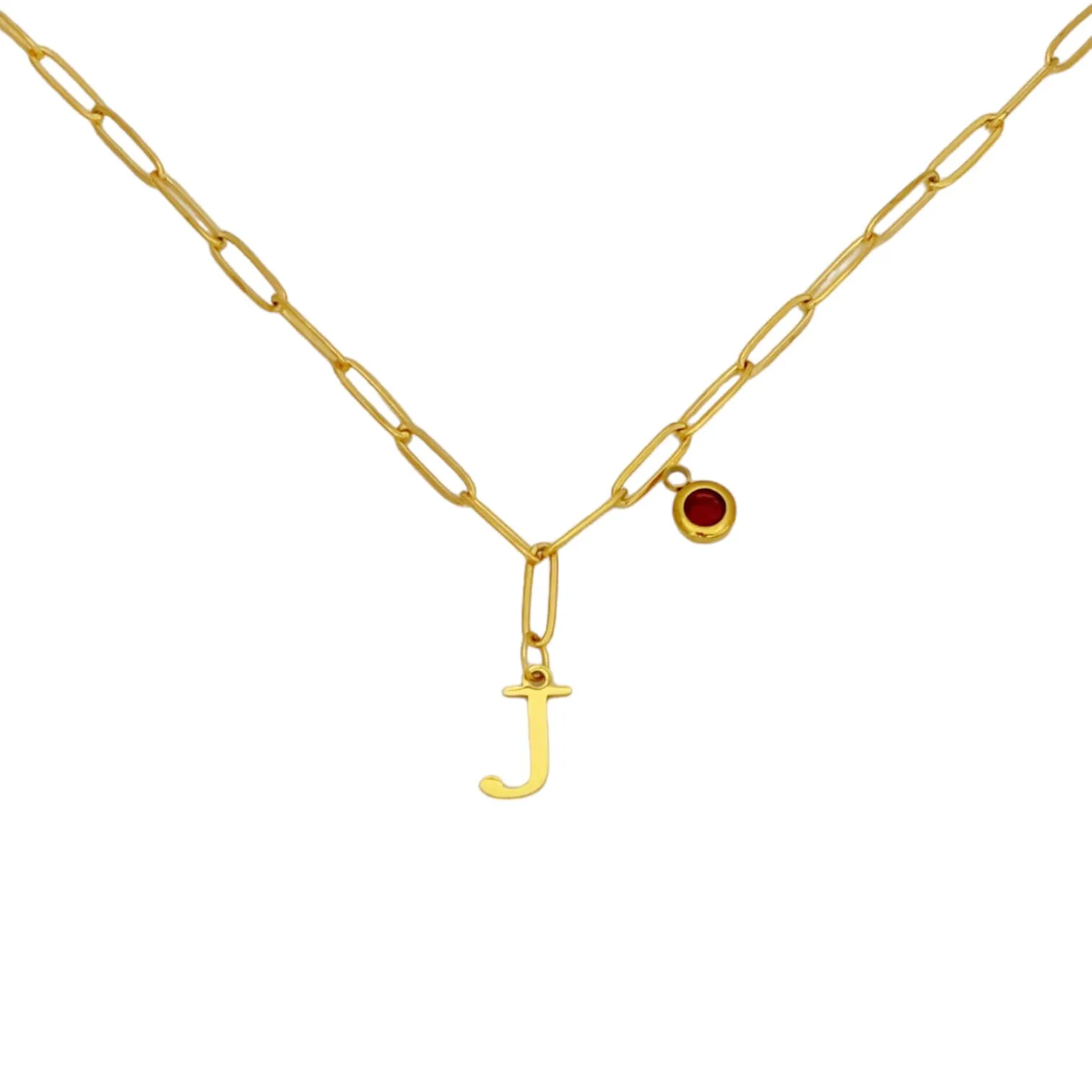 Alphabet Birthstone Paperclip Necklace Gold (H-N)