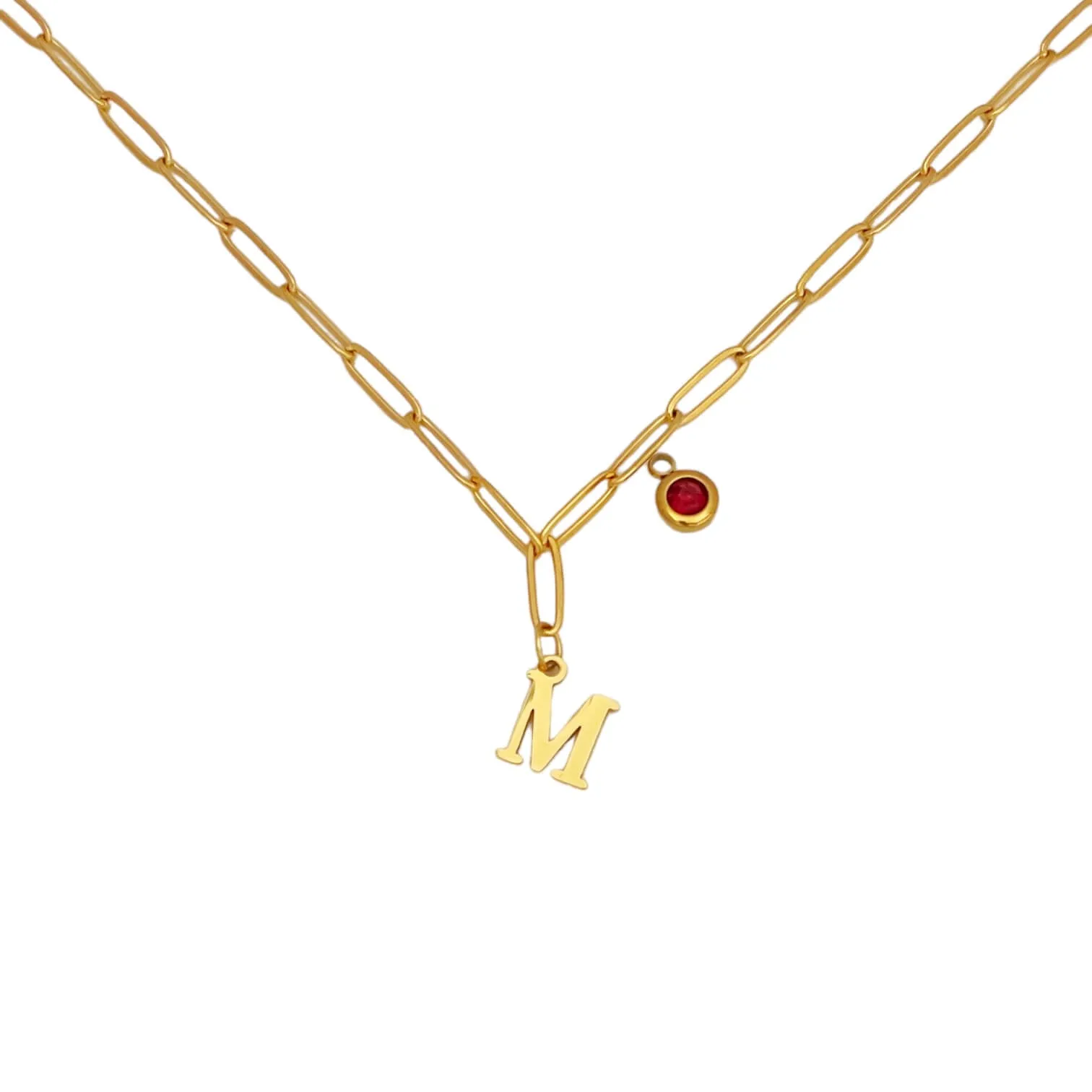 Alphabet Birthstone Paperclip Necklace Gold (H-N)