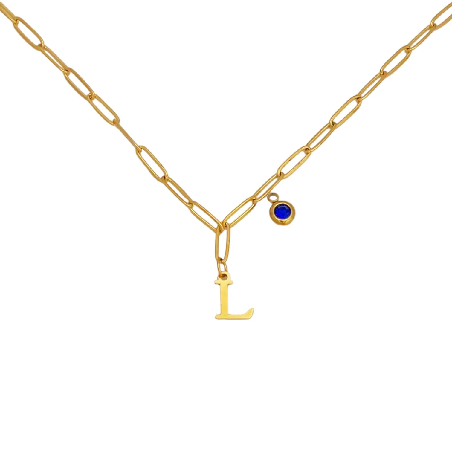 Alphabet Birthstone Paperclip Necklace Gold (H-N)