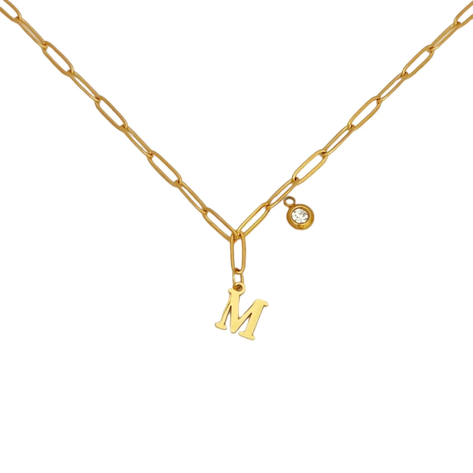 Alphabet Birthstone Paperclip Necklace Gold (H-N)