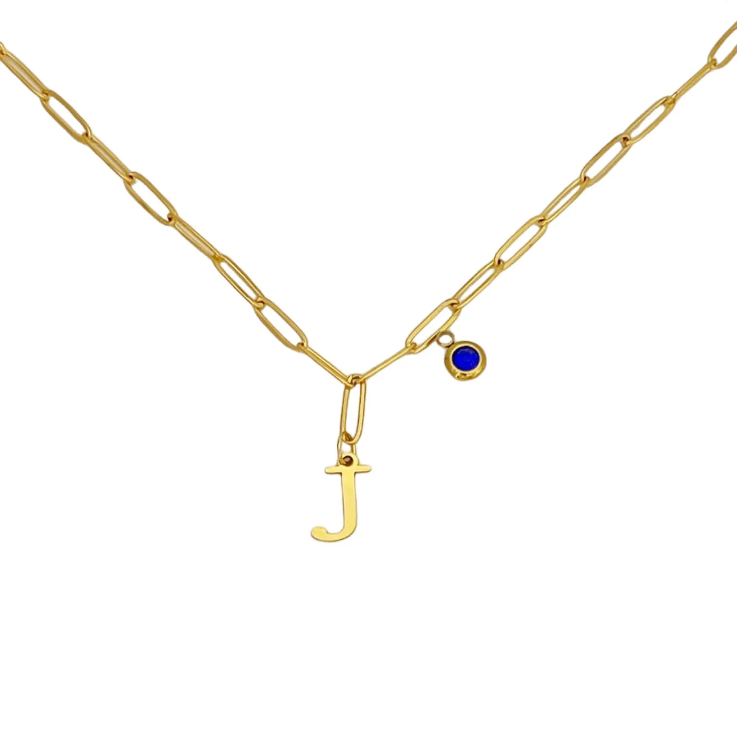 Alphabet Birthstone Paperclip Necklace Gold (H-N)