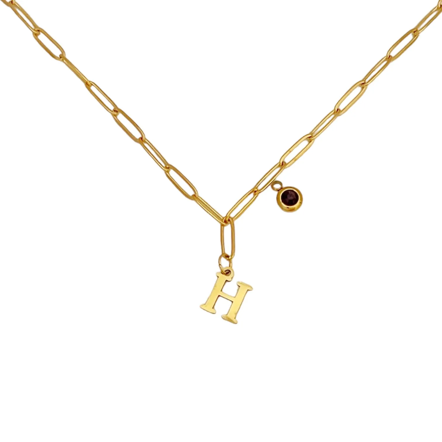 Alphabet Birthstone Paperclip Necklace Gold (H-N)