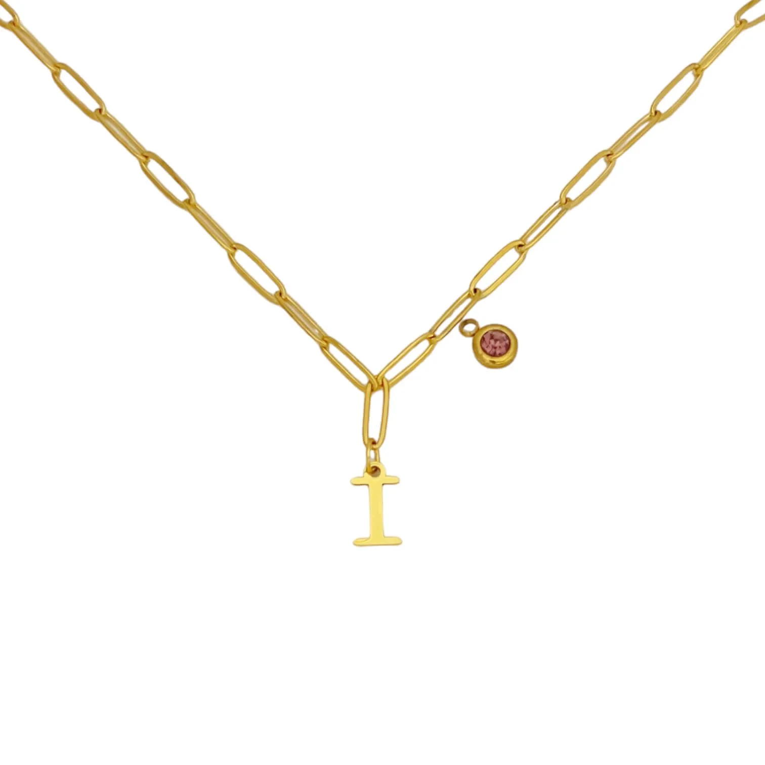 Alphabet Birthstone Paperclip Necklace Gold (H-N)