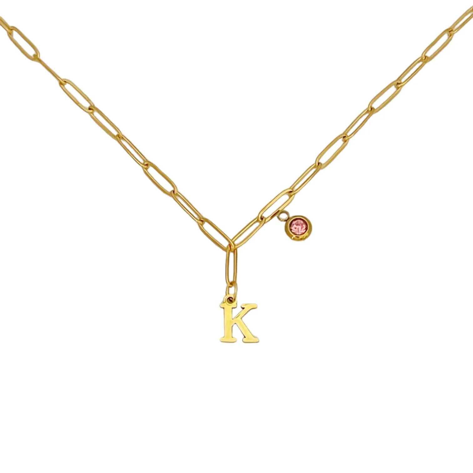 Alphabet Birthstone Paperclip Necklace Gold (H-N)