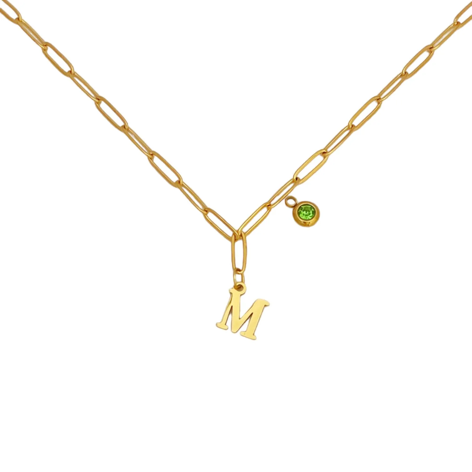 Alphabet Birthstone Paperclip Necklace Gold (H-N)