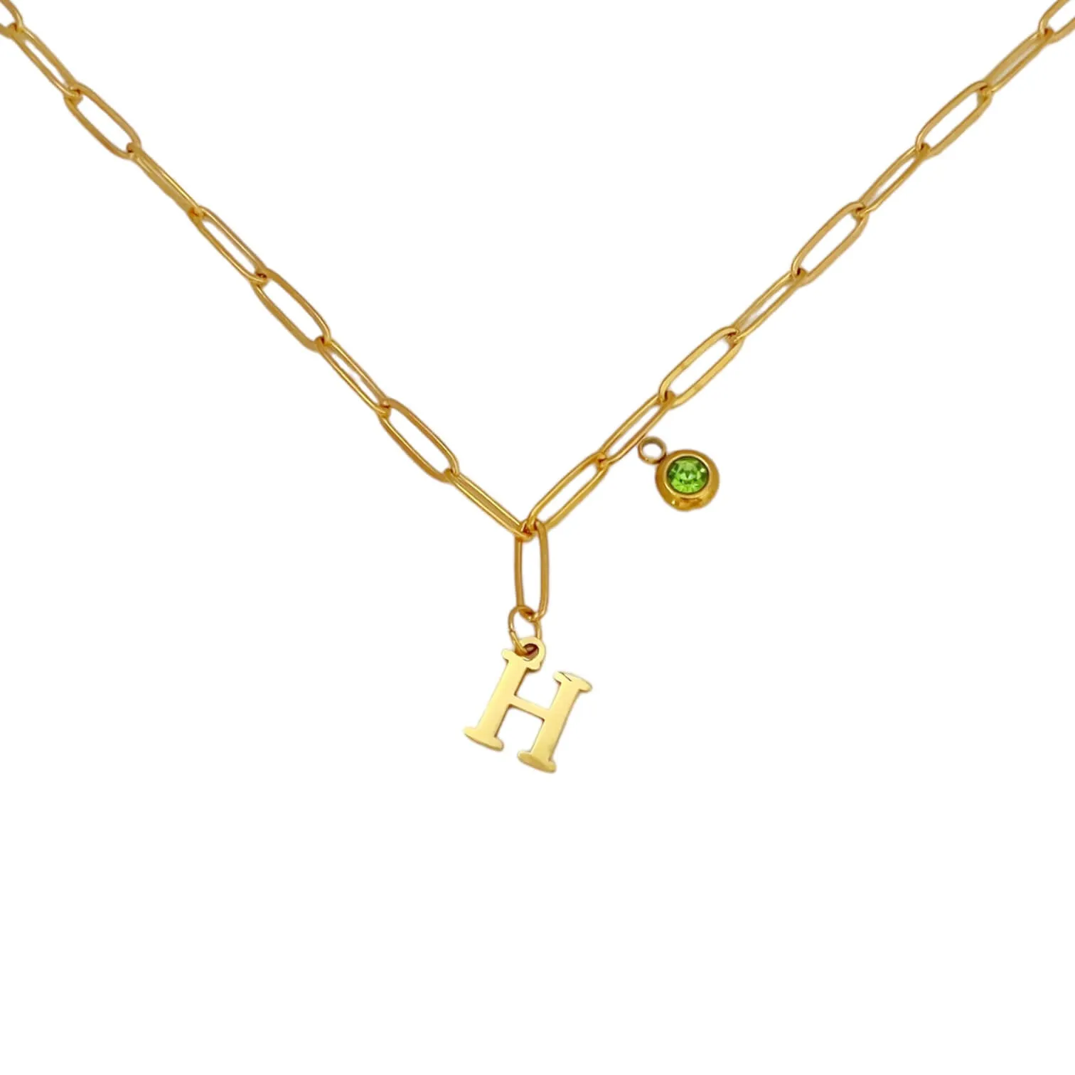 Alphabet Birthstone Paperclip Necklace Gold (H-N)