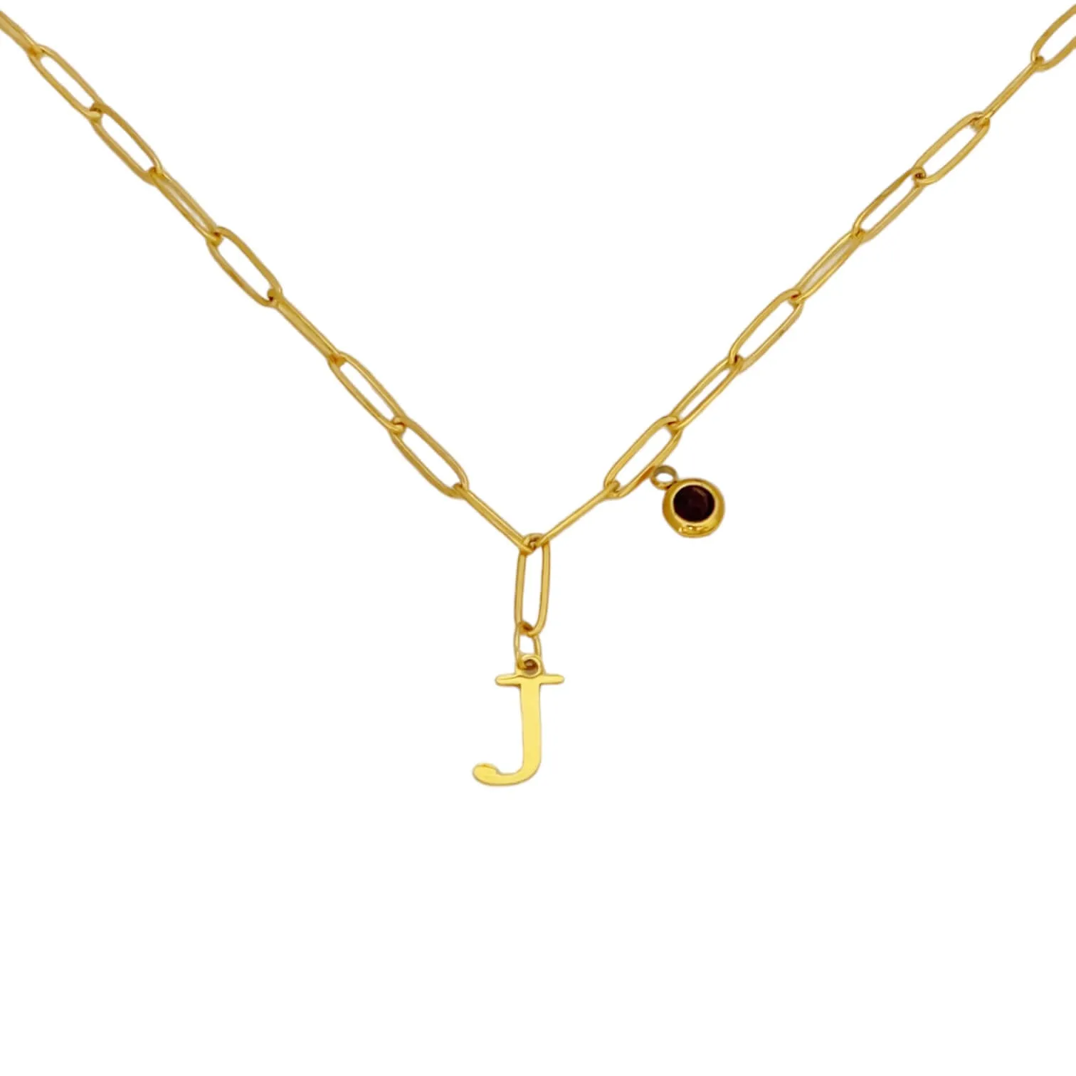 Alphabet Birthstone Paperclip Necklace Gold (H-N)