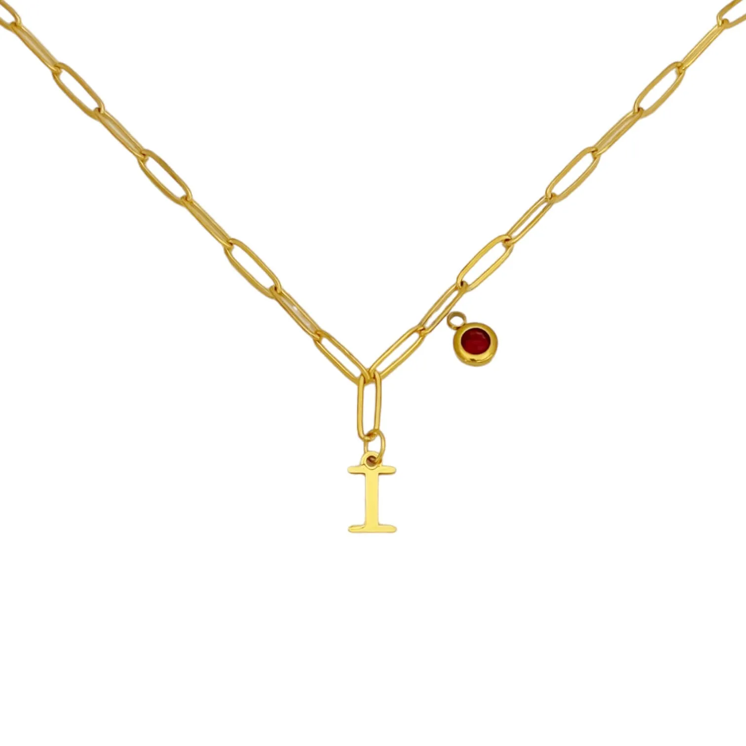 Alphabet Birthstone Paperclip Necklace Gold (H-N)