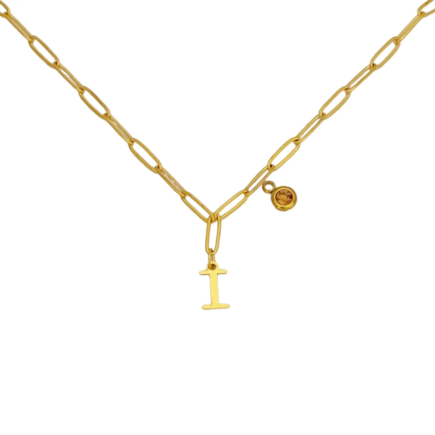 Alphabet Birthstone Paperclip Necklace Gold (H-N)