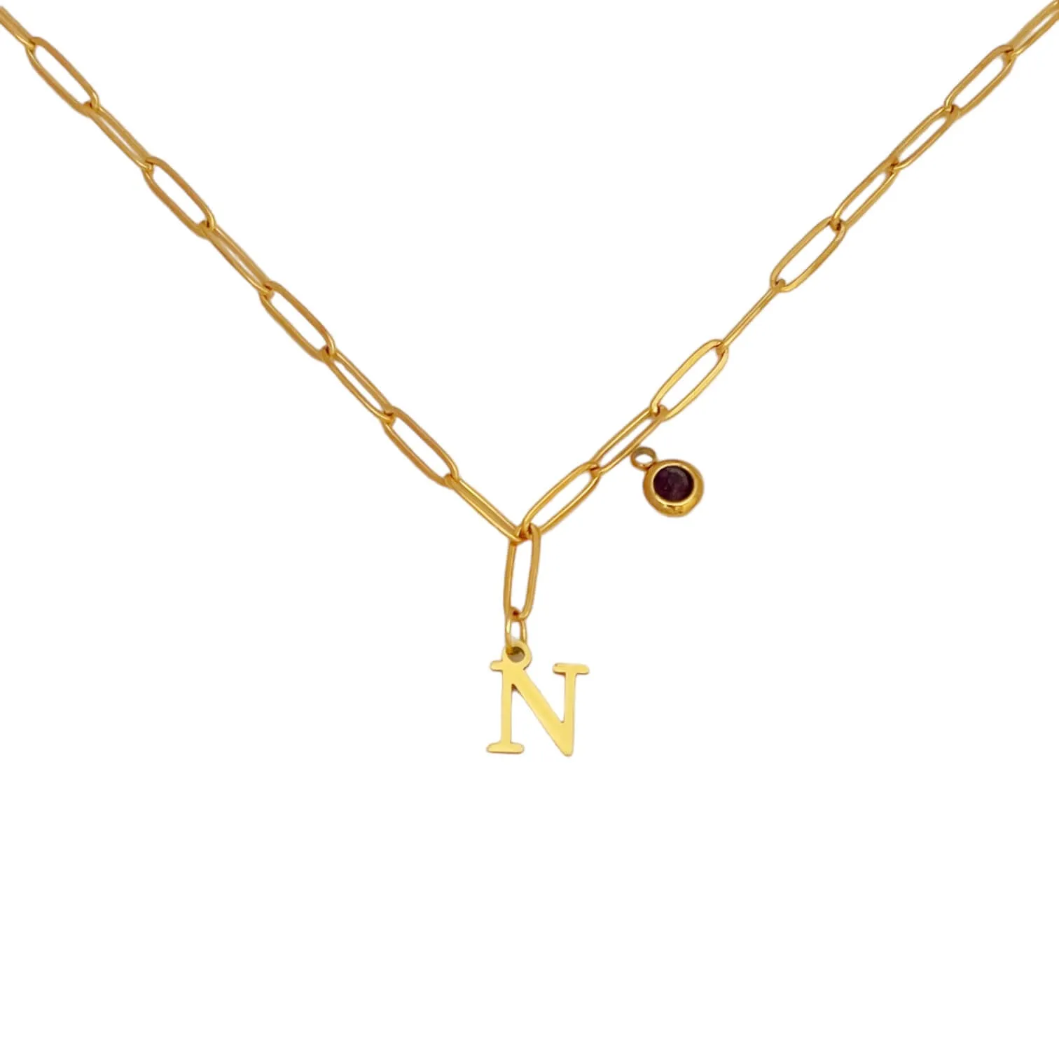 Alphabet Birthstone Paperclip Necklace Gold (H-N)