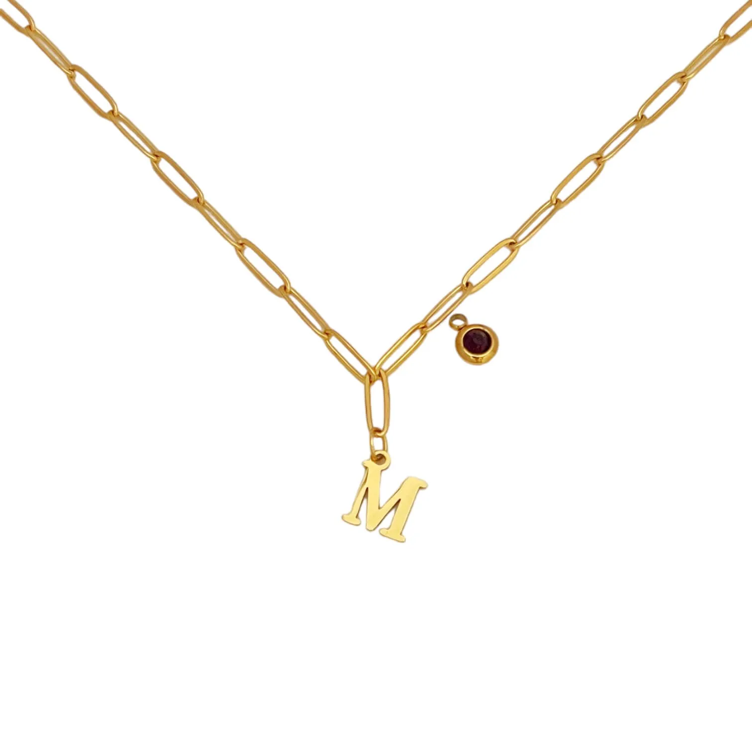 Alphabet Birthstone Paperclip Necklace Gold (H-N)