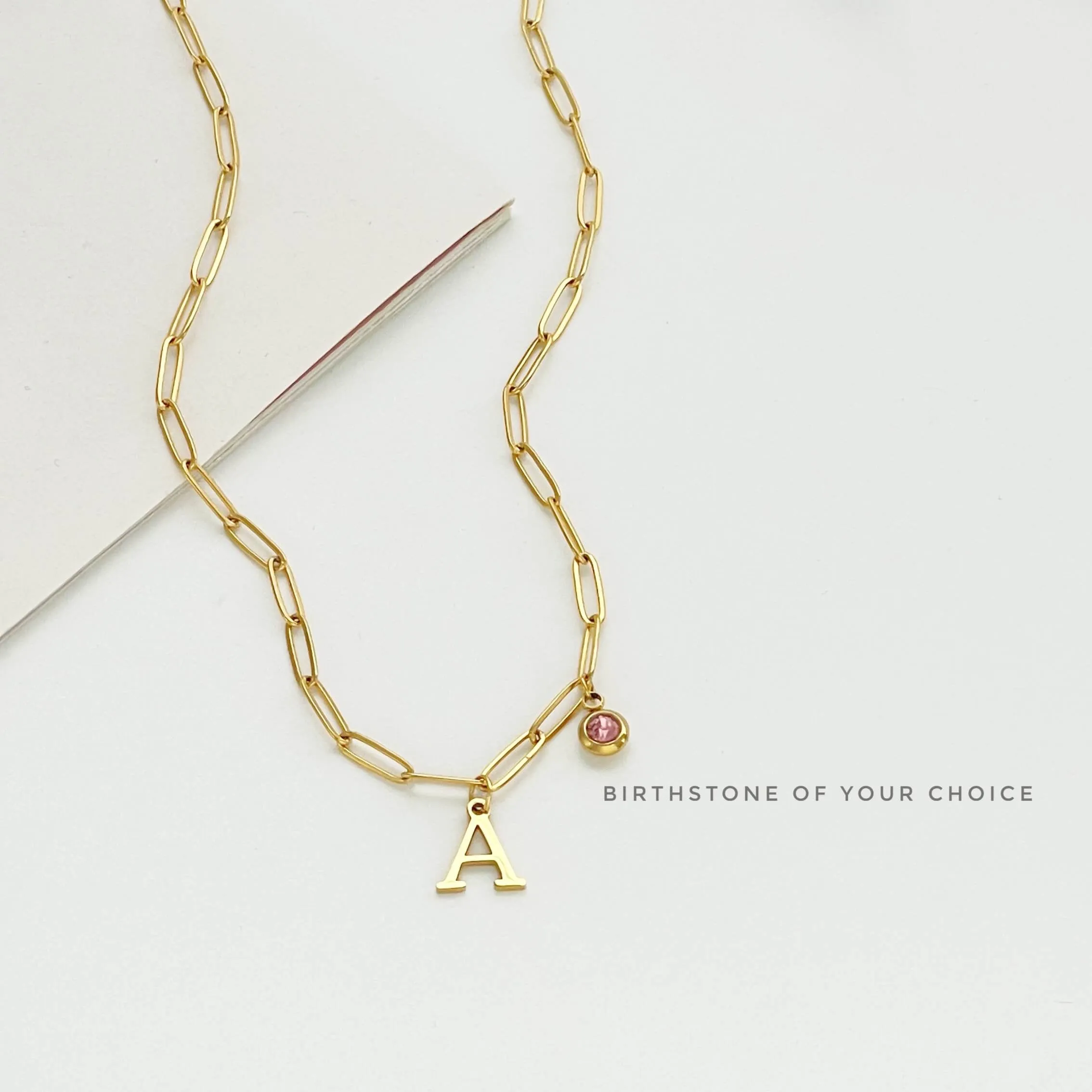 Alphabet Birthstone Paperclip Necklace Gold (H-N)