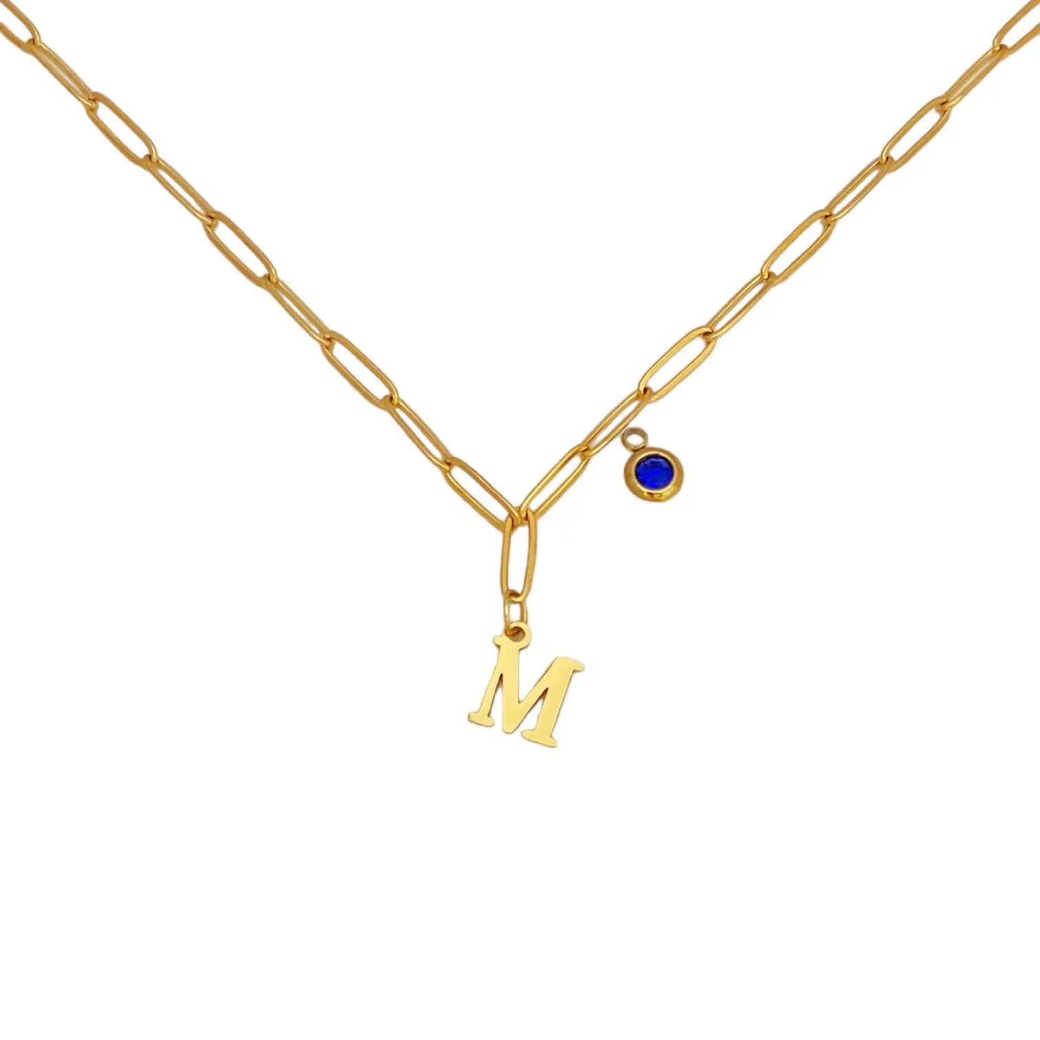 Alphabet Birthstone Paperclip Necklace Gold (H-N)