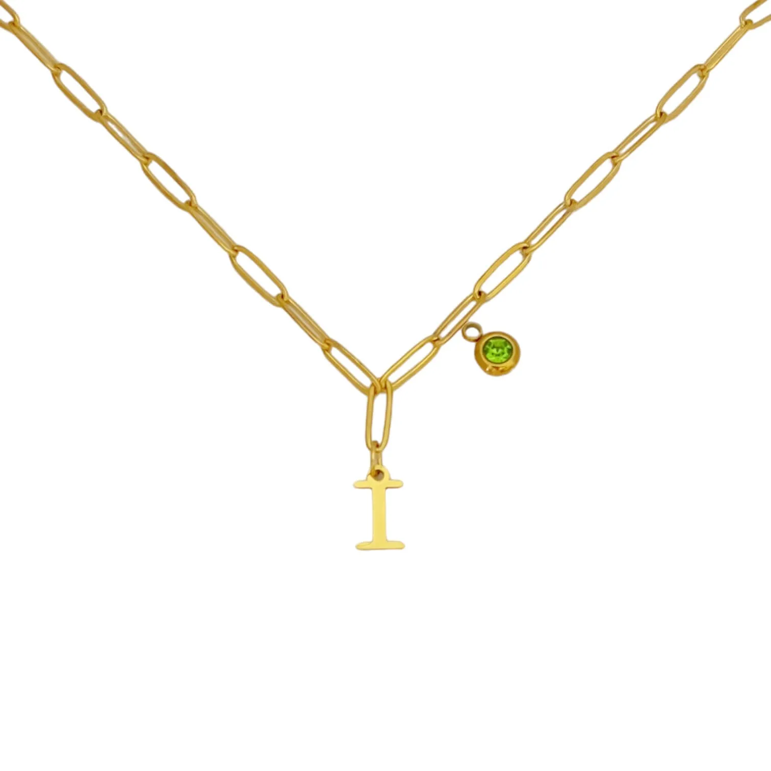 Alphabet Birthstone Paperclip Necklace Gold (H-N)