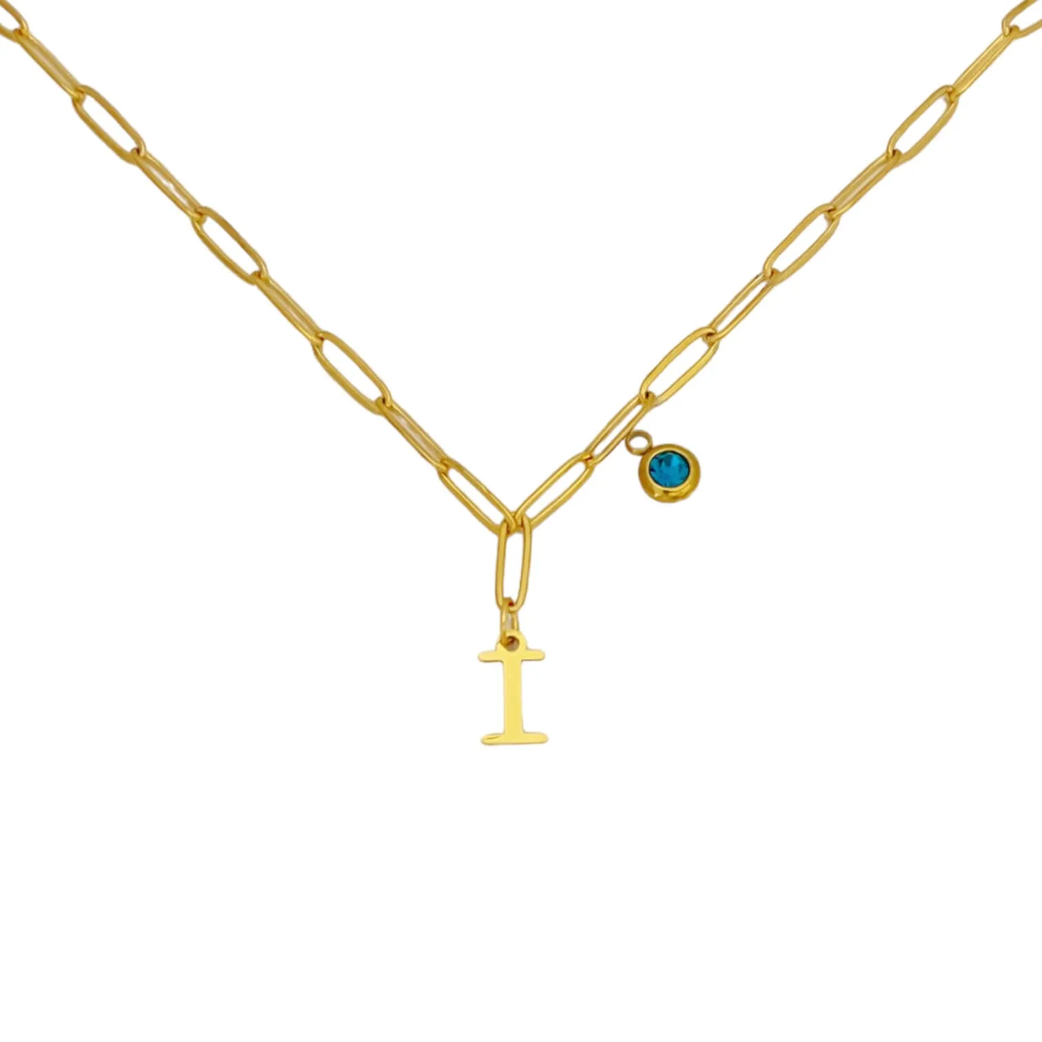 Alphabet Birthstone Paperclip Necklace Gold (H-N)