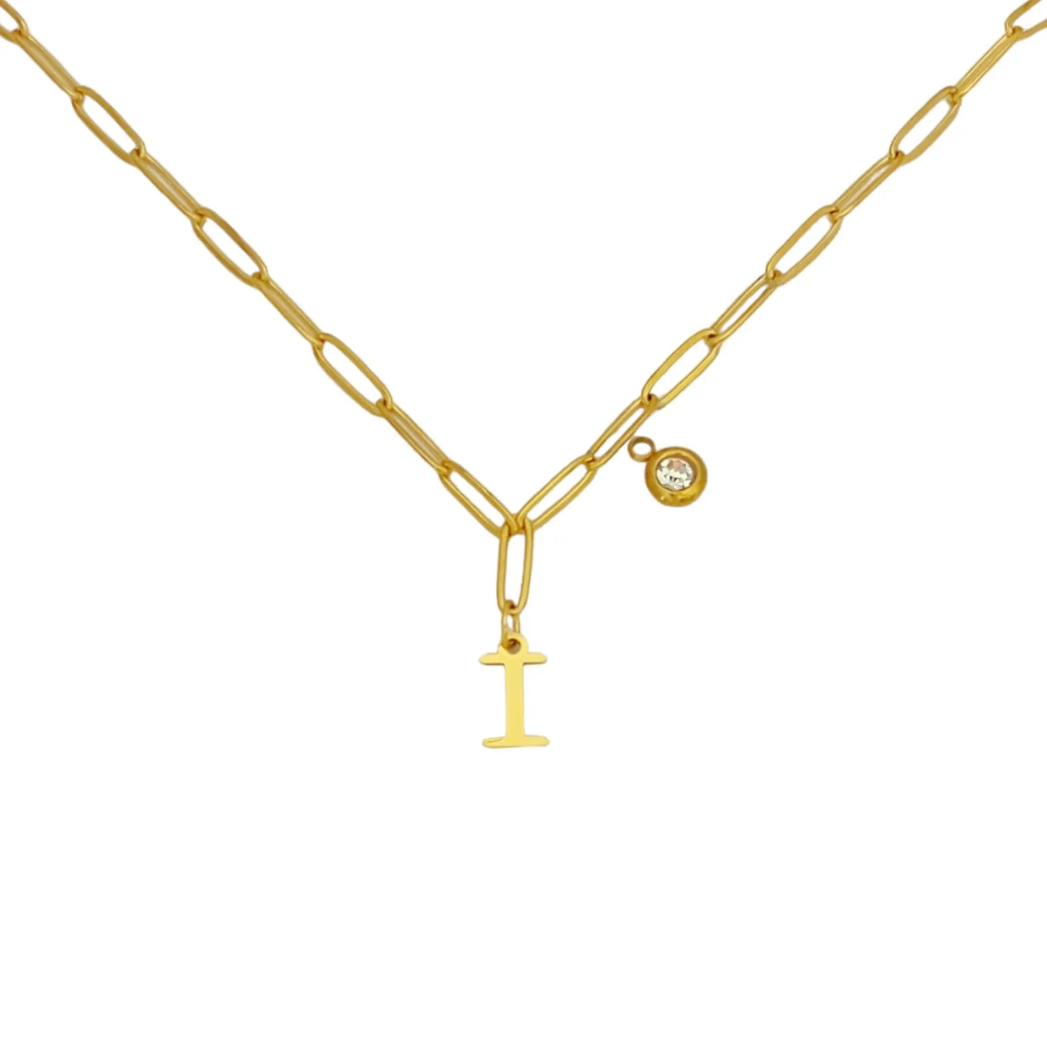 Alphabet Birthstone Paperclip Necklace Gold (H-N)