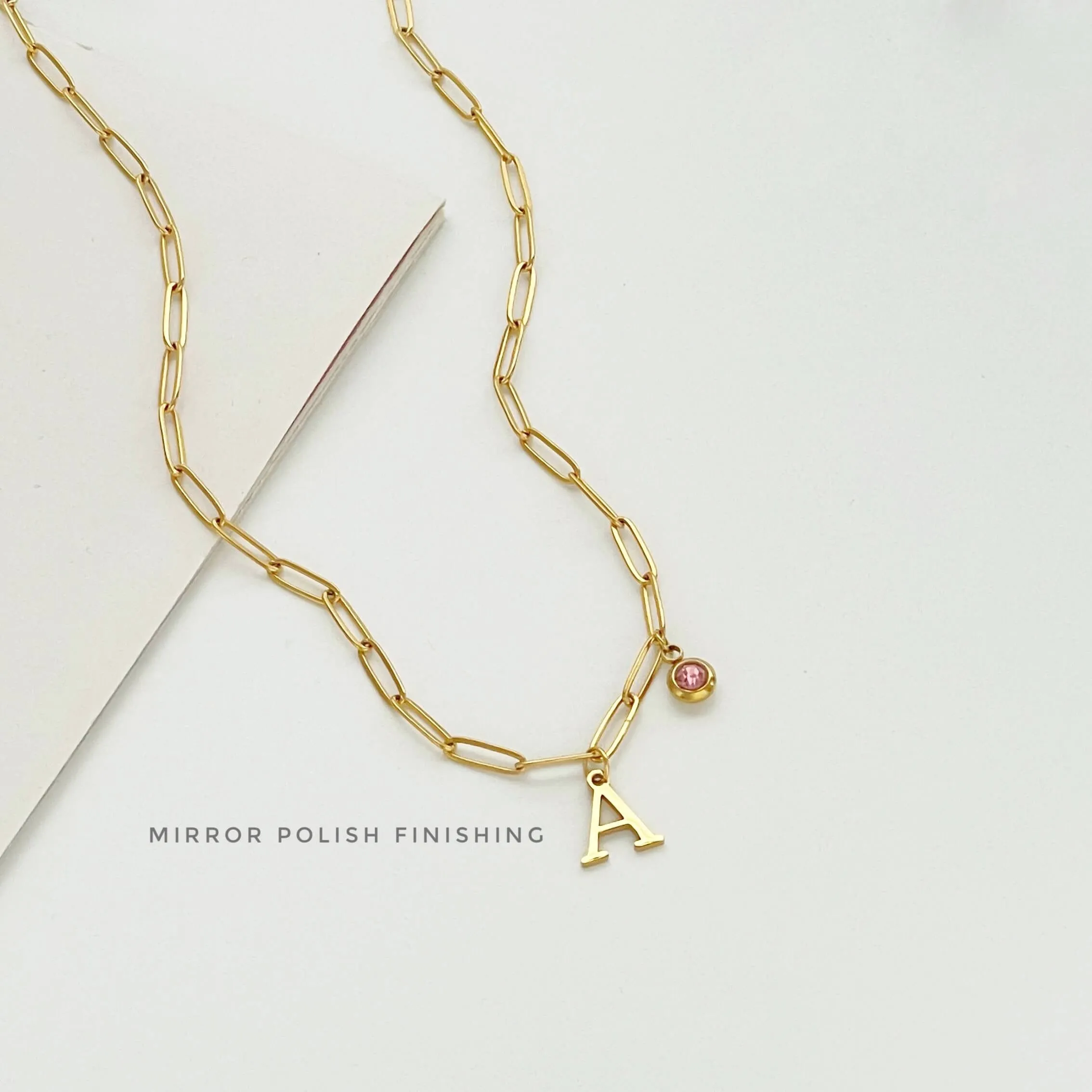 Alphabet Birthstone Paperclip Necklace Gold (H-N)