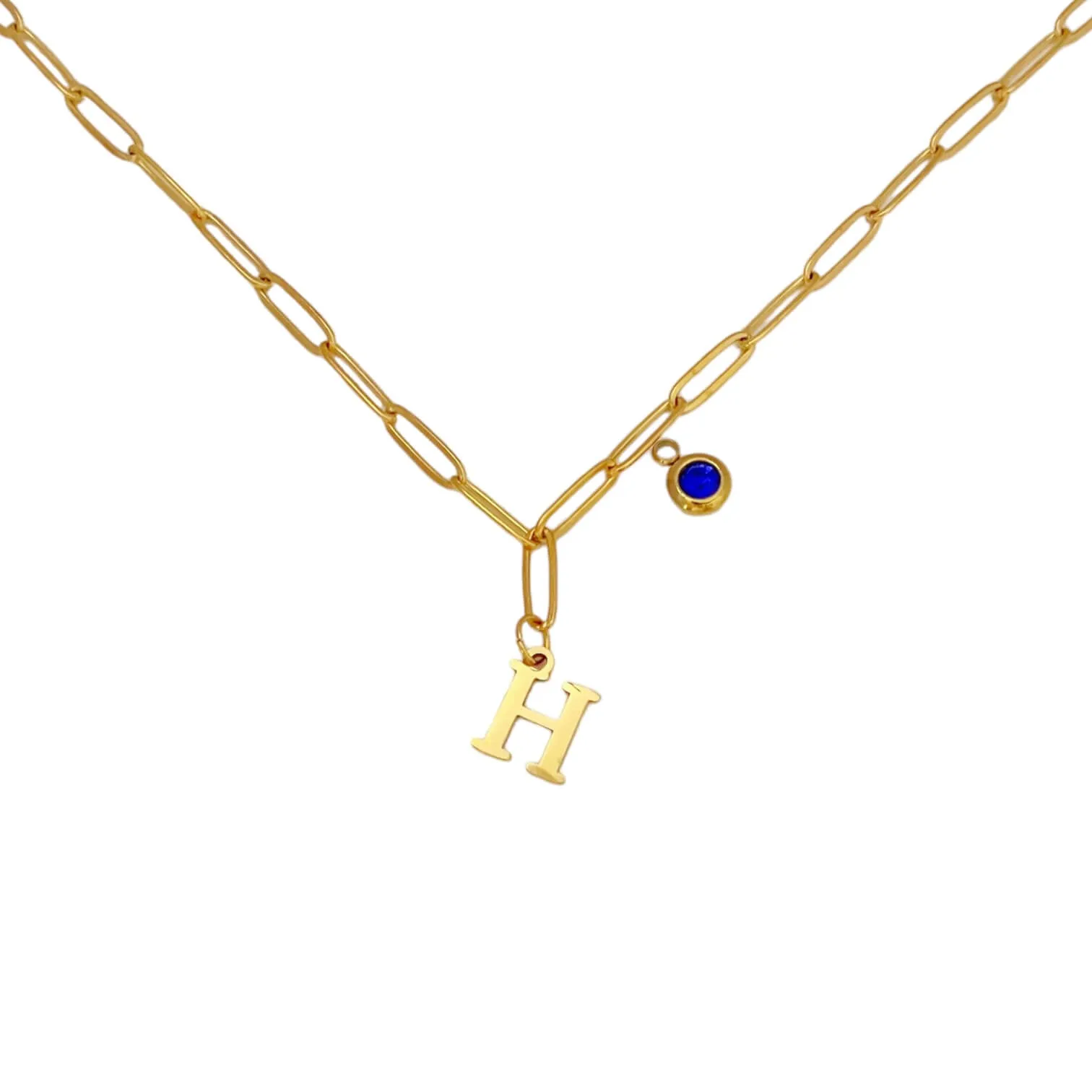 Alphabet Birthstone Paperclip Necklace Gold (H-N)