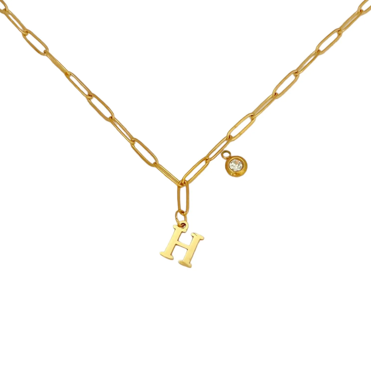 Alphabet Birthstone Paperclip Necklace Gold (H-N)