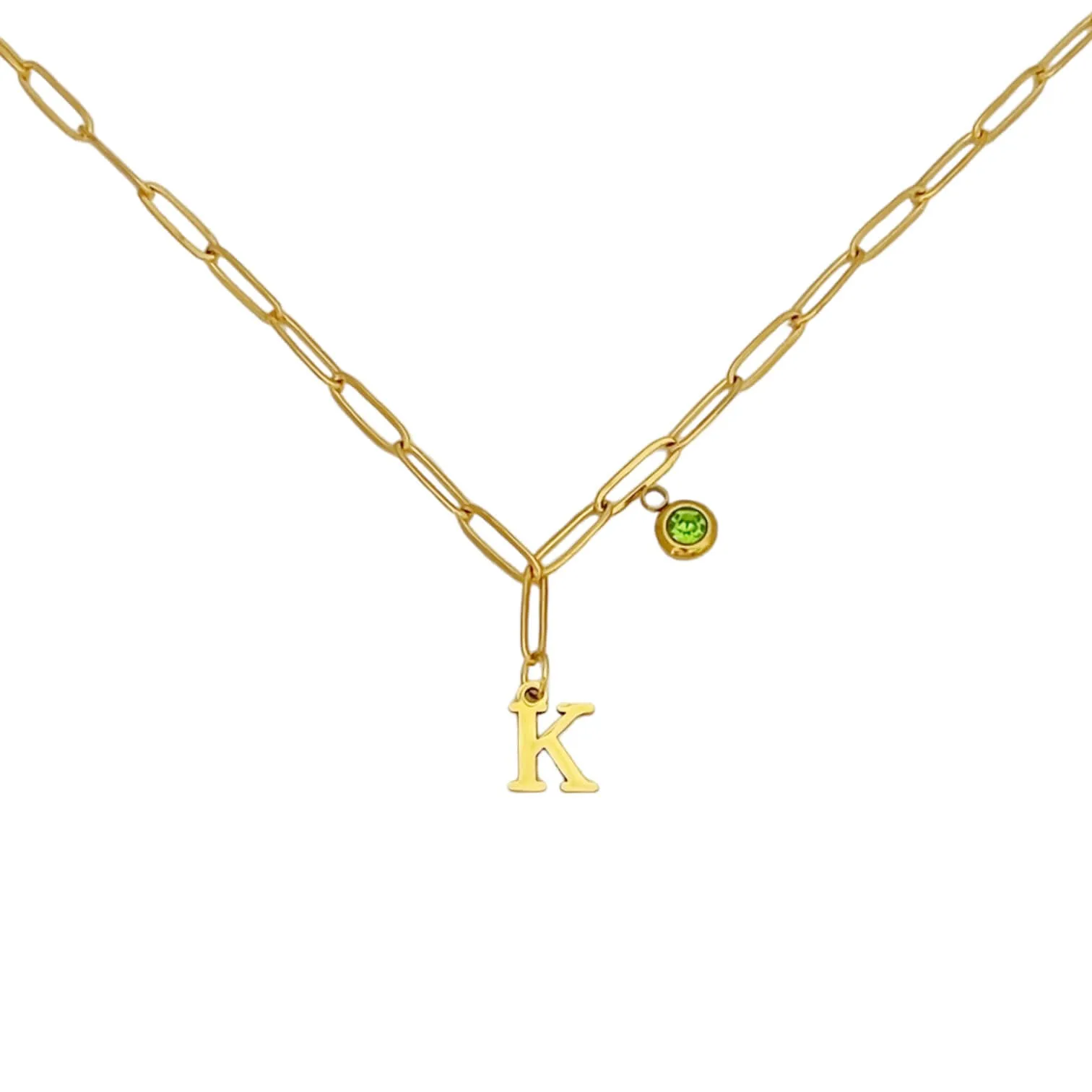 Alphabet Birthstone Paperclip Necklace Gold (H-N)