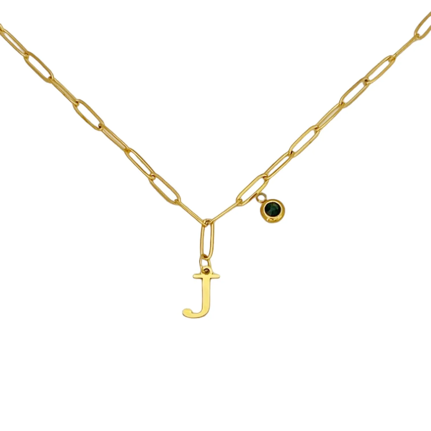 Alphabet Birthstone Paperclip Necklace Gold (H-N)