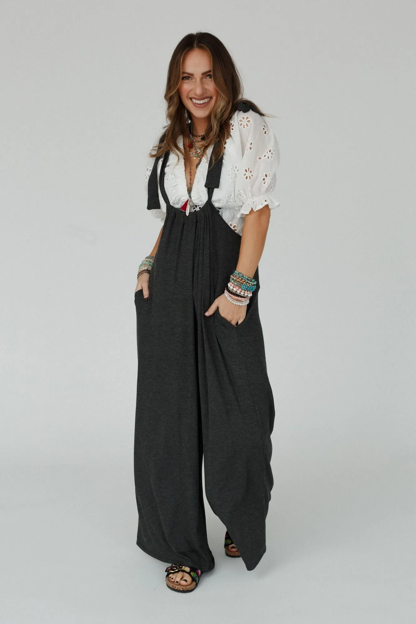 Forever Relaxed Gathered Jumpsuit - Charcoal